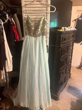 Mac Duggal Light Blue Chiffon Gown with Gold Bead Embellishment